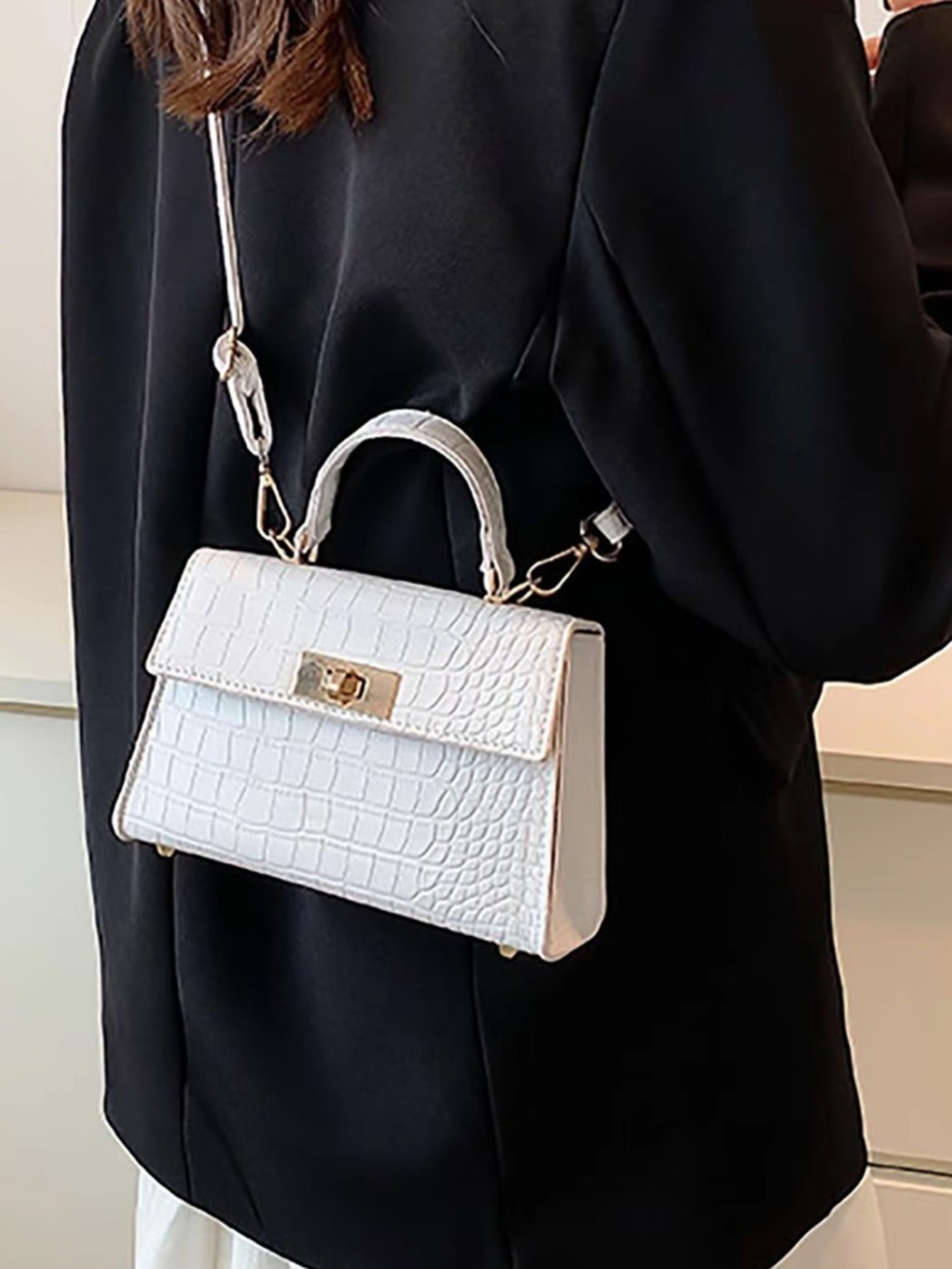 Croc-Embossed White Top-Handle Satchel with Gold Hardware - Picture 4 of 5